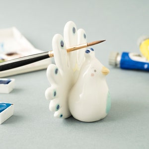 Ceramic Peacock Brush Rest. A Special Peacock Shaped Pen or Brush Rest, Handmade in Italy. image 5