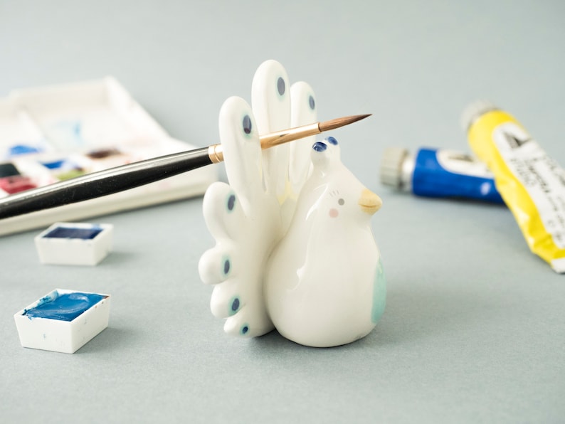 Ceramic Peacock Brush Rest. A Special Peacock Shaped Pen or Brush Rest, Handmade in Italy. image 5