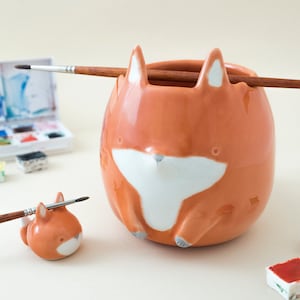 Paint Water Cup and Brush Rest Fox shaped. Rinse Brush Bowl, Gift for Artist. Kit or Single Item. Ceramic Handmade in Italy.