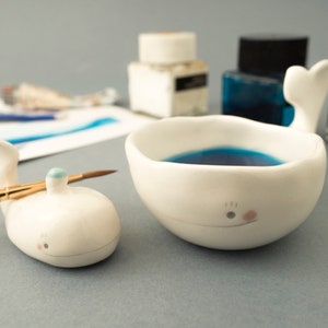 Calligraphy Ink Well and Brush Rest Whale Shaped. Gift for Artist. Kit or Single Item. Ceramic Handmade in Italy. Whole kit (2 pcs)