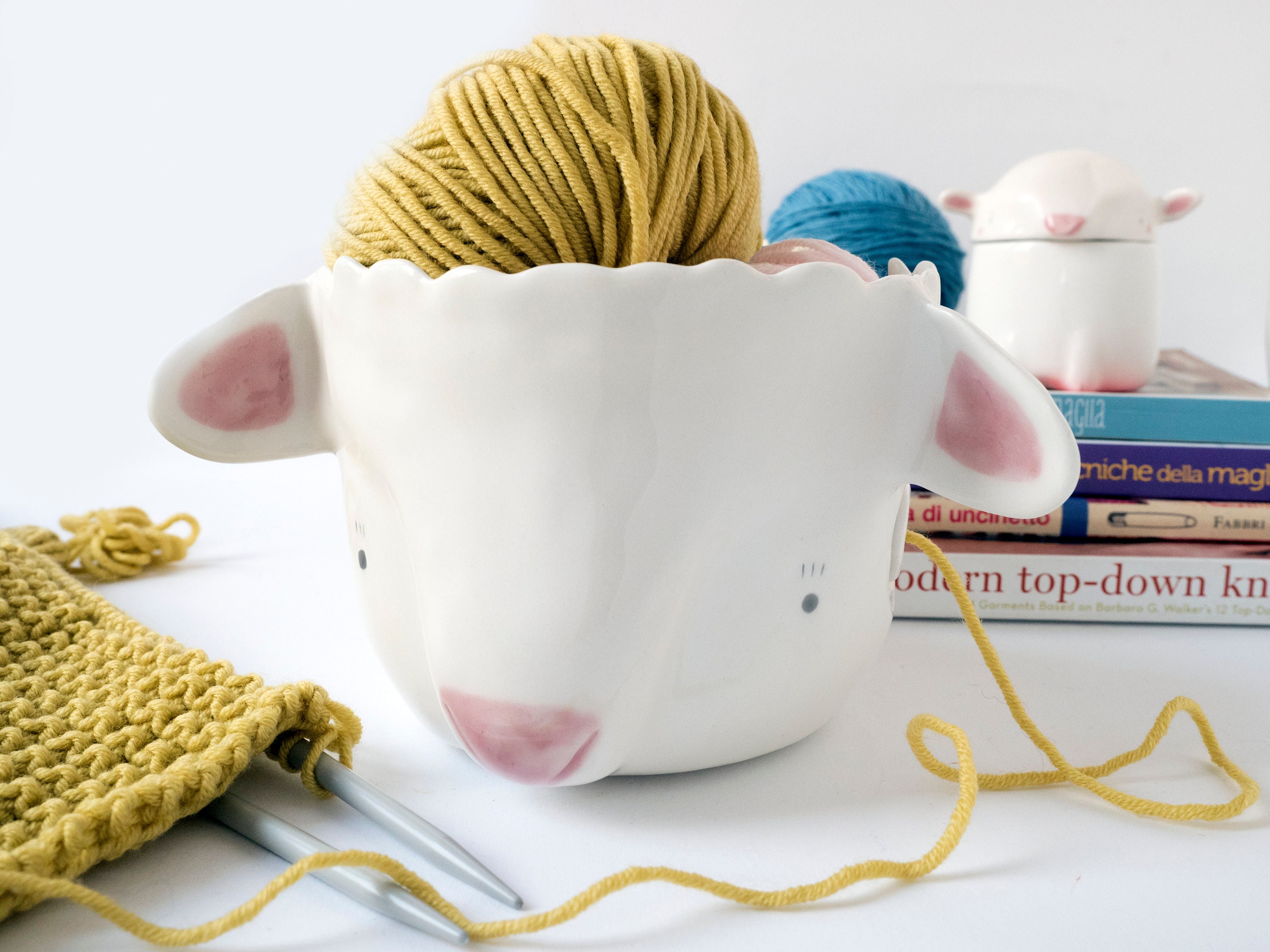 Sheep Ceramic Yarn Bowl Large Knitting Bowl, 6.7 x 4.7 Inches