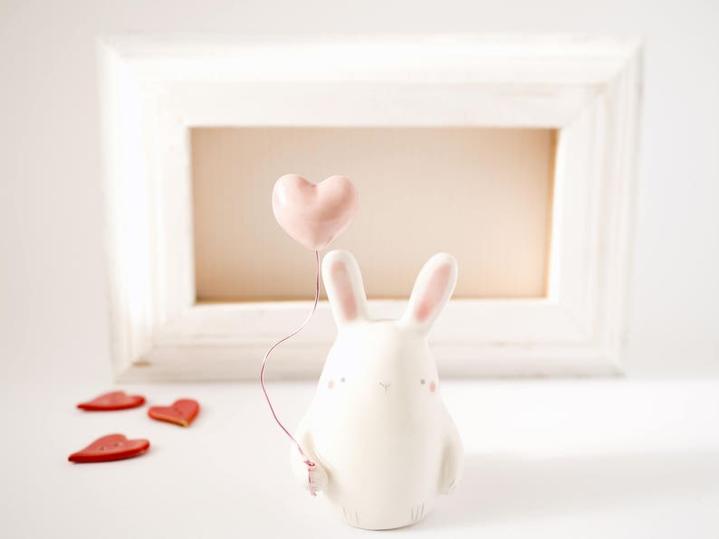Easter Bunny Figurine with Heart Shaped Balloon Handmade in Italy. Cute Ceramic Bunny Miniature with Balloon Heart