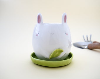 White Bunny Planter with Saucer. A Cute Plant Pot for Succulent to grow in. Ceramic Handmade in Italy.