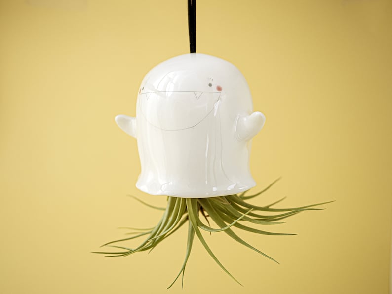 Ghost Hanging Air Plant Holder. A Cute Ghost Planter Pot in Ceramic. Handmade in Italy. Halloween Decoration. image 3