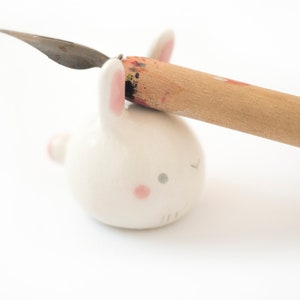 Calligraphy Kit Bunny shaped or Watercolor Set with Paintbrush rest and Ink pot, Handmade Ceramic. Kit or Single Item. Made in Italy. Rest for 1 pen/brush