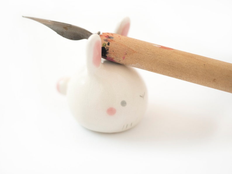 Calligraphy Kit Bunny shaped or Watercolor Set with Paintbrush rest and Ink pot, Handmade Ceramic. Kit or Single Item. Made in Italy. Rest for 1 pen/brush