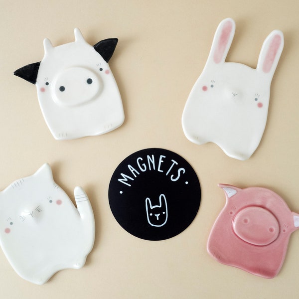 Farm Animal Fridge Magnets, Handmade Ceramic Tiles: Bunny, Cat, Cow and Pig. Gift Idea