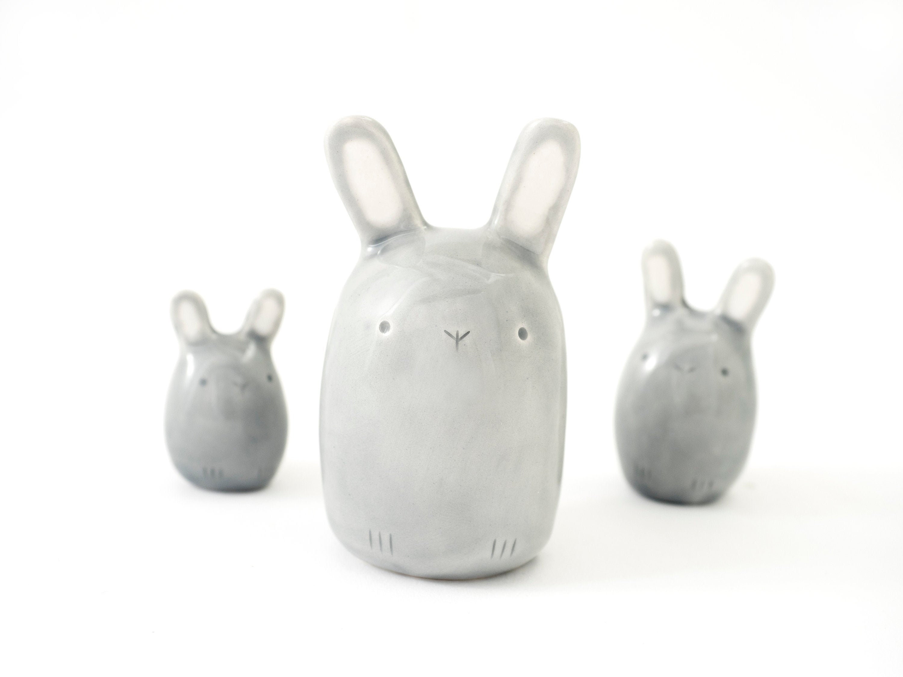 Home Décor 3 White Rabbit Ceramic Figurine Animal Dot Black Miniature