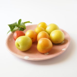 May include: A pink polka dot plate with a variety of yellow and orange plums, and a single red plum. A green leaf is on the plate.