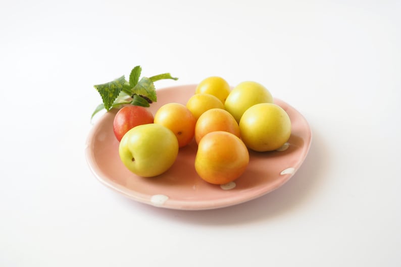 May include: A pink polka dot plate with a variety of yellow and orange plums, and a single red plum. A green leaf is on the plate.