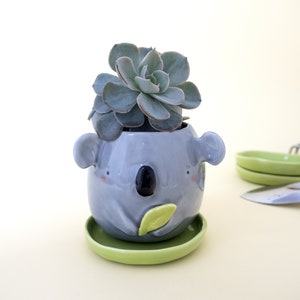 Koala Planter with Saucer. Handmade Plant Pot, Koala Shaped, for Succulent. Kit or Single Item. Ceramic Handmade in Italy.