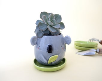 Koala Planter with Saucer. Handmade Plant Pot, Koala Shaped, for Succulent. Kit or Single Item. Ceramic Handmade in Italy.