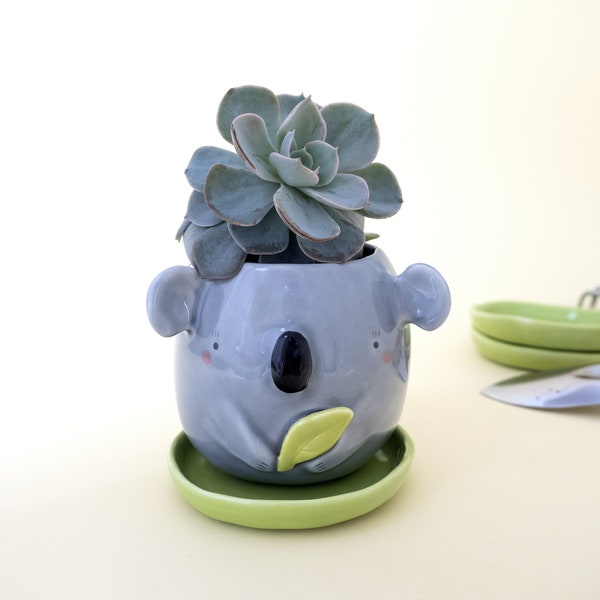 Jardinière koala avec soucoupe. Cache-pot fait main, en forme de koala, pour succulentes. Kit ou article unique. Céramique faite main en Italie.