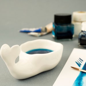 Calligraphy Ink Well and Brush Rest Whale Shaped. Gift for Artist. Kit or Single Item. Ceramic Handmade in Italy. image 6