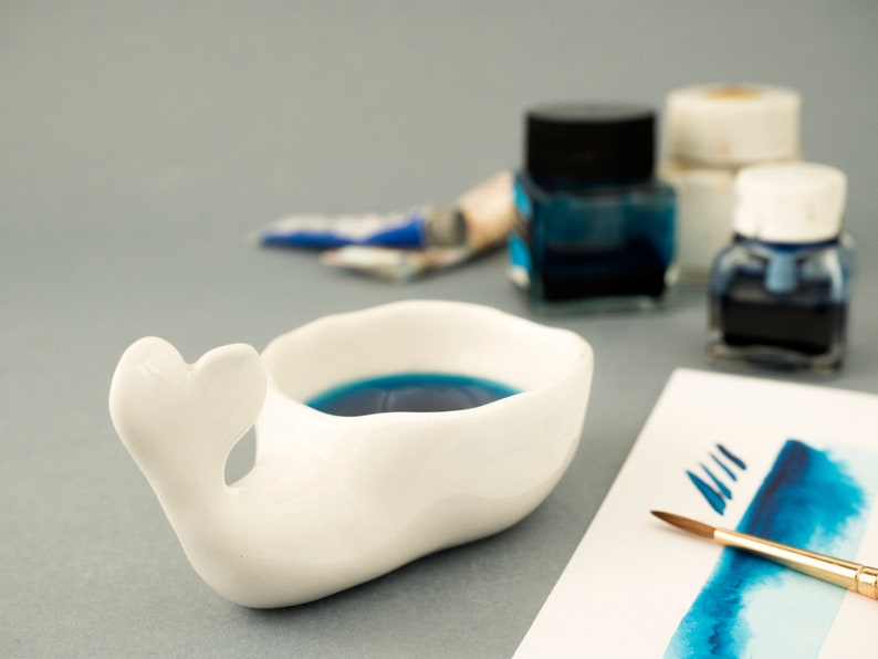 Calligraphy Ink Well and Brush Rest Whale Shaped. Gift for Artist. Kit or Single Item. Ceramic Handmade in Italy. image 6