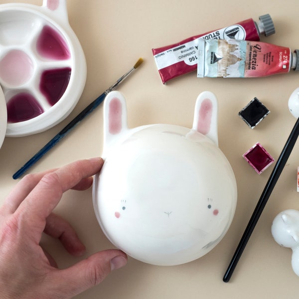 Ceramic Palette and Brush Rest, Bunny Face Palette. The Palette Lid is a Water Bowl for Brushes. Kit or Single Item. Handmade in Italy.