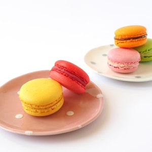 May include: A plate with four colourful macarons, two on a pink plate and two on a white plate with grey polka dots.