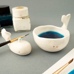 Calligraphy Ink Well and Brush Rest Whale Shaped. Gift for Artist. Kit or Single Item. Ceramic Handmade in Italy.