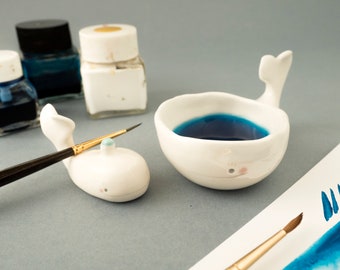 Calligraphy Ink Well and Brush Rest Whale Shaped. Gift for Artist. Kit or Single Item. Ceramic Handmade in Italy.