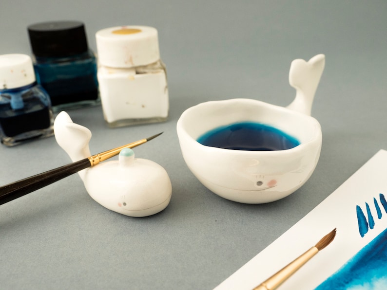 Calligraphy Ink Well and Brush Rest Whale Shaped. Gift for Artist. Kit or Single Item. Ceramic Handmade in Italy. image 1