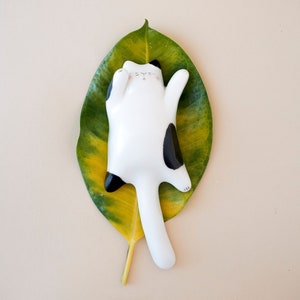 Lazy Cat Pet Figurine, White Cat with Black Spots. Special Cat Lover Gift or Cat Memorial Gift. Handmade in Italy.