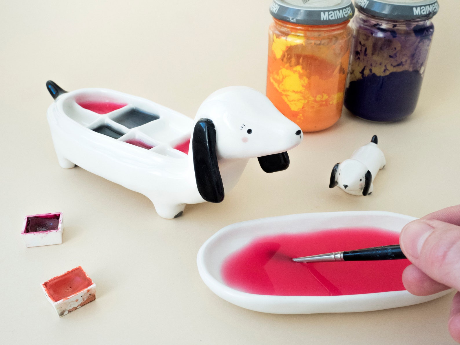 Ceramic Palette and Brush Rest, Dachshund Shaped. Handmade in Italy. - Whole Kit (2 pcs)