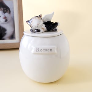 May include: White ceramic pet urn with a sleeping cat figurine on the lid. The urn has a banner with the name "Romeo" on the front.