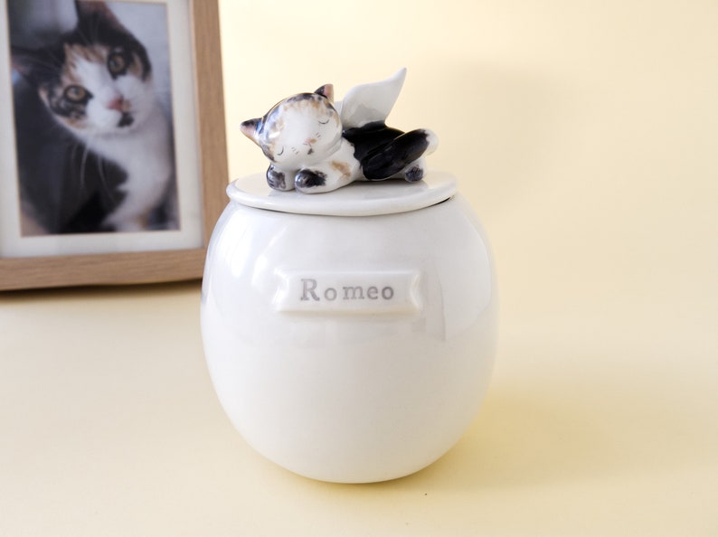 May include: White ceramic pet urn with a sleeping cat figurine on the lid. The urn has a banner with the name "Romeo" on the front.