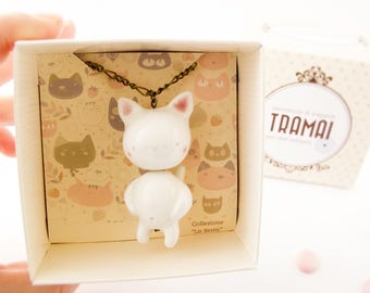 Ceramic White Cat Necklace, This Cat Pendant is a Special Gift for Cat Lovers. Handmade in Italy.