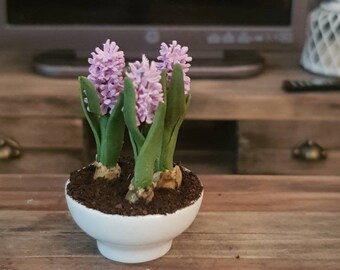 HYACINTHS, three flowers in a pot, scale 1:12 – dollhouse, miniatures, garden, greenhouse, fimo flowers