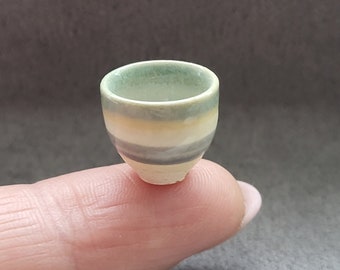 CERAMIC handmade small POT, unique, OOAK; special glazing, with stipes; miniature in scale 1:12; pottery, thrown on wheel, dollshouse pot