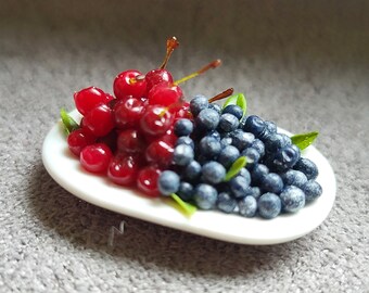 CHERRIES and BLUEBERRIES on white plate, unique, OOAK; miniature in scale 1:12, dollshouse fruits composition