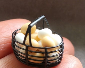 EGGS in black basket, miniature in scale 1:12; shabby chic, rustic, kitchen, dollhouse food, one inch scale