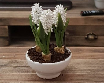 HYACINTHS, three flowers in a pot, scale 1:12 – dollhouse, miniatures, garden, greenhouse, fimo flowers
