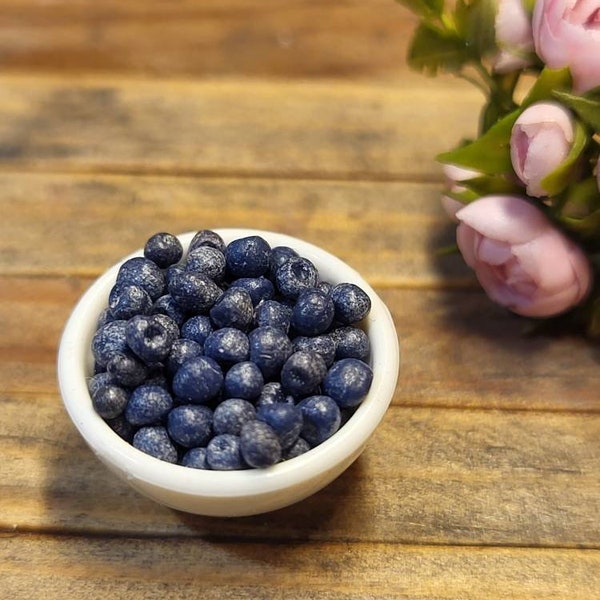 Blaubeeren in weißer Schale, Miniatur 1:12, Puppenhaus, Essen, Obst, Küche