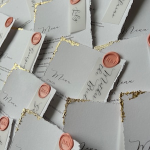 Wedding Menu & Place Card with gold leaf edge and wax seal
