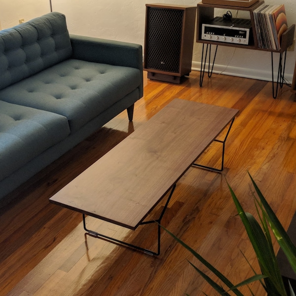 Solid walnut mid century modern coffee table with wire Bertoia style legs