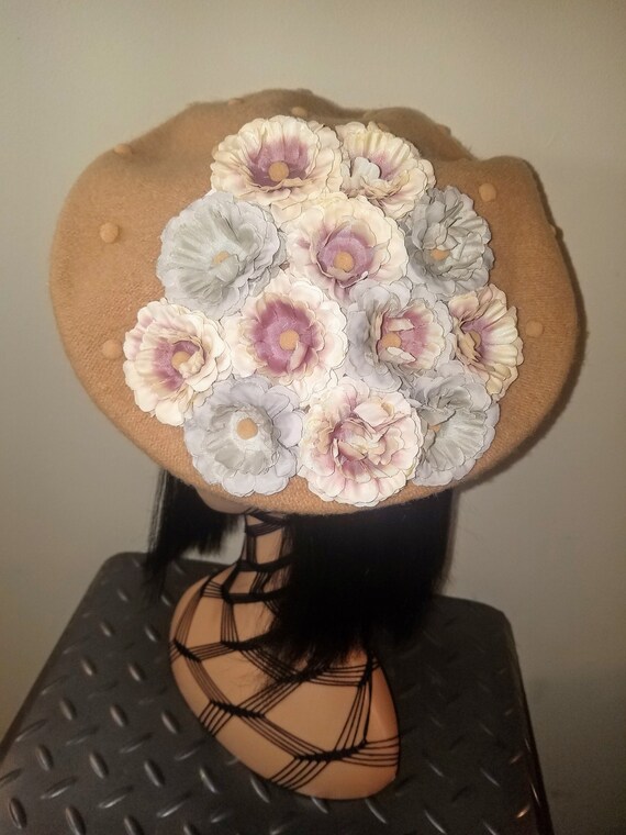 August Hats Beige Beret with Floral Detail Amazon.com: Nawati Flower Women Beret, Double Layer  main image 4