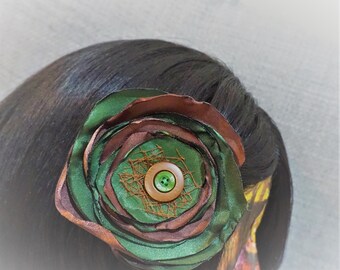 Divinely Detailed Kreations Brown and Green Satin Fabric Flower pin/Hair Clip
