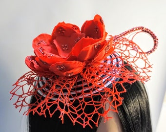 Red Black and White Rhinestone Rose Fascinator Straw Hat