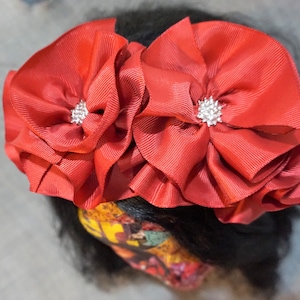 Handcrafted Deep Red Rosette Flower Rhinestone Headband Hair Accessory
