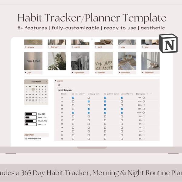 Gewoonte Tracker Notion Template, Notion Dashboard Setup Layout, Notion Planner, Digitale Gewoonte Tracker, Gewoonten en Routines Doel Tracker