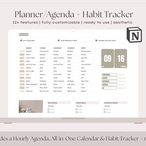 Könnte beinhalten: Digitaler Planer und Habit Tracker auf einem Laptop-Bildschirm. Die Oberfläche zeigt einen Tagesplan, einen Kalender und Fortschrittsanzeigen. Text enthält "Planner/Agenda + Habit Tracker" und "Includes a Hourly Agenda, All-in-One Calendar & Habit Tracker + more!"