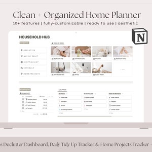 May include: A laptop computer screen displaying a digital planner with the title "Clean + Organized Home Planner". The planner includes sections for decluttering, weekly reset, shopping list, schedule, and home projects. The screen also shows a section for "Household Hub" with tasks by room, supplies in stock, running low, and need to restock.