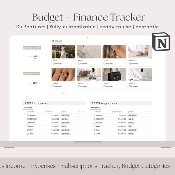 Budget Finance Notion Template, Monthly Budget Tracker Money, Financial Planner Savings Tracker, Income Expense Tracker Personal Finance