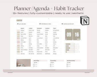 May include: Aesthetic digital planner and habit tracker displayed on a laptop screen. The interface features a daily schedule, calendar, and progress bars. Text includes "Planner/Agenda + Habit Tracker" and "Includes a Hourly Agenda, All-in-One Calendar & Habit Tracker + more!"