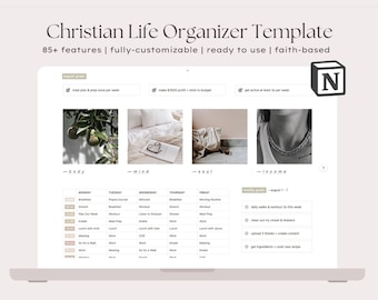 May include: A laptop computer screen displaying a digital planner template with the title "Christian Life Organizer Template". The template includes sections for body, mind, soul, and income. The template is designed to help users organize their daily lives and includes features such as a nutrition planner, fitness planner, budget tracker, and Christian faith planner.