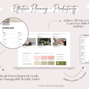 K&ouml;nnte beinhalten: Ein Laptop-Bildschirm zeigt eine w&ouml;chentliche Planvorlage mit einem Kalendersymbol und dem Text "weekly plan". Die Vorlage enth&auml;lt Abschnitte f&uuml;r Ziele, Reflexionen und Aufgaben. Der Laptop befindet sich auf einem hellrosa Hintergrund mit dem Text "Effective Planning + Productivity" dar&uuml;ber. Der Text "Break Down Quarterly Goals into Manageable Weekly Tasks!" befindet sich unter dem Laptop. Der Text "**works with free Notion plan**" befindet sich am unteren Rand des Bildes. Ein Smartphone befindet sich auf der rechten Seite des Bildes und zeigt eine Habit-Tracker-App mit dem Text "habit tracker/creator" darunter.