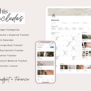 May include: A screenshot of a phone app showing a budget and finance tracker. The app includes features like budget categories, income and expense tracking, bills calendar, savings goal tracker, subscriptions tracker, wishlist tracker, account balance tracker, and tutorials. The app is called "finance hub".