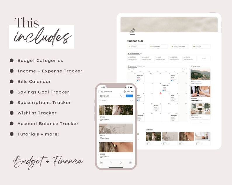 May include: A screenshot of a phone app showing a budget and finance tracker. The app includes features like budget categories, income and expense tracking, bills calendar, savings goal tracker, subscriptions tracker, wishlist tracker, account balance tracker, and tutorials. The app is called "finance hub".